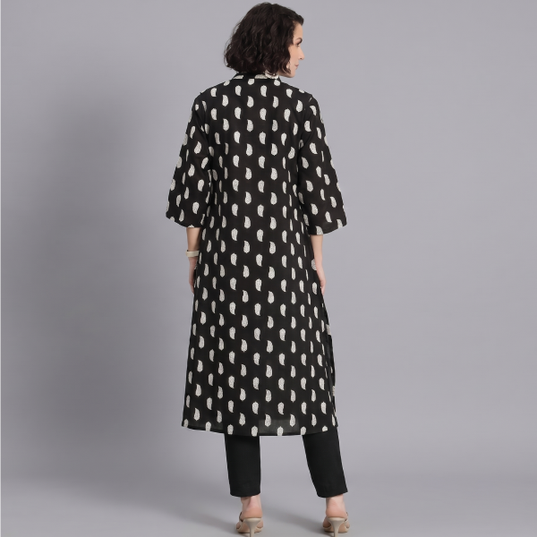 Black and White Paisley Printed Kurta with Matching Trousers Set