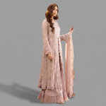 Manahil Embroidered Rose Gold 3-Piece Festive Organza Sharara Set