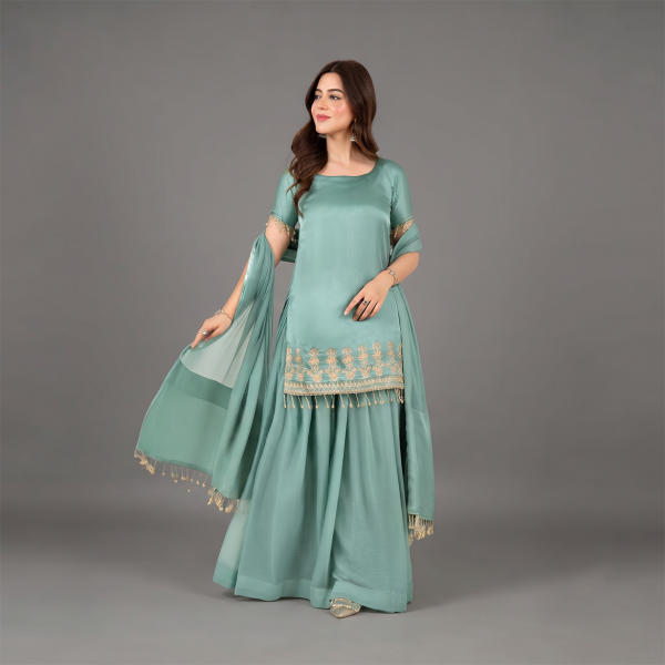 Seafoam Luxe Embroidered Gharara Suit