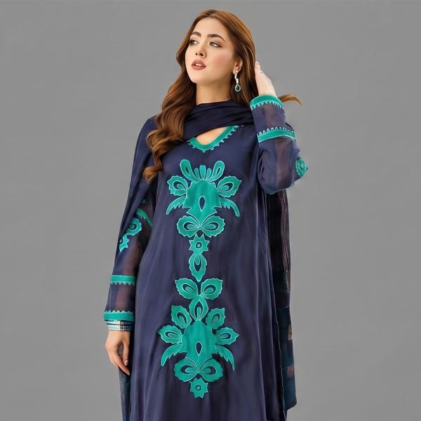 Cobalt Blue Silk Ensemble with Aquamarine Floral Appliqué