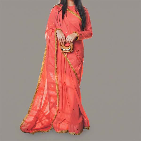 Coral Rose Gold-Trimmed Saree