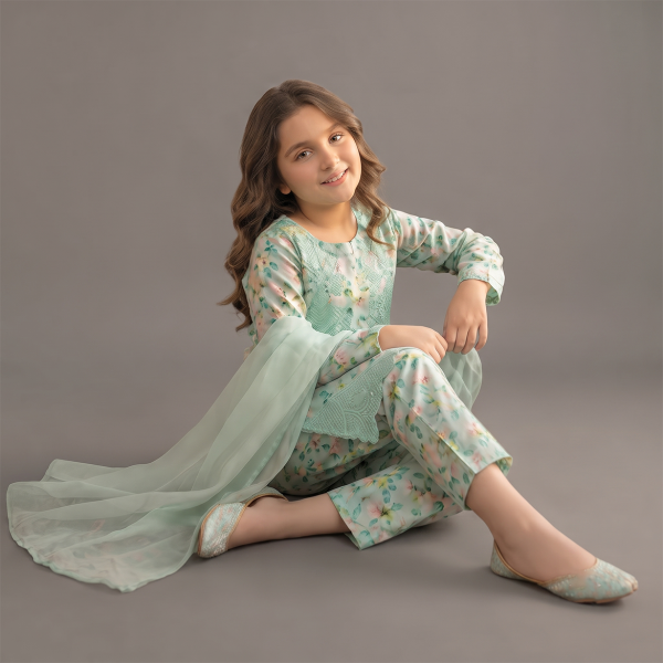 Mint Green Floral Embroidered Girls Suit
