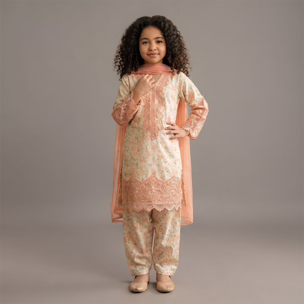 Peach Floral Embroidered Girls’ 3-Piece Suit