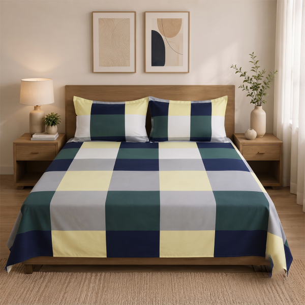 Multi-Color Block Cotton Double Bedsheet With Pillow Set
