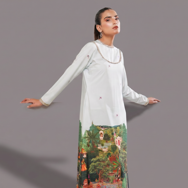 Ice Blue Digital Printed Mughal Scenery Silk Kaftan