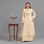 Manahil Embroidered Ivory Gold 3-Piece Festive Anarkali Set
