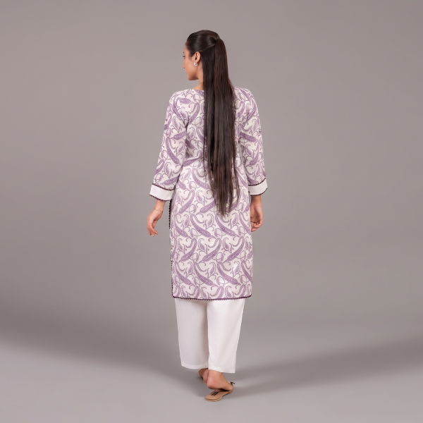 Women’s White and Purple Paisley Print Straight Kurti with Wide-Leg Pants
