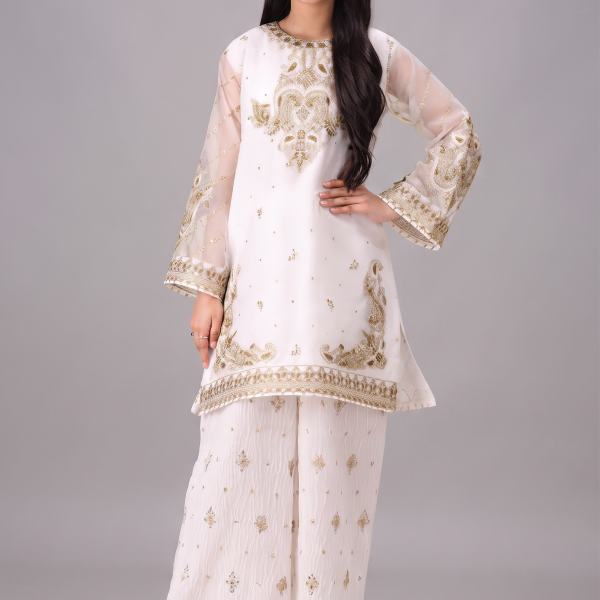 Off-White Embroidered Organza Two-Piece Suit