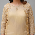Ivory Gold Heavily Embroidered 3-Piece Organza Suit with Wide-Leg Pants