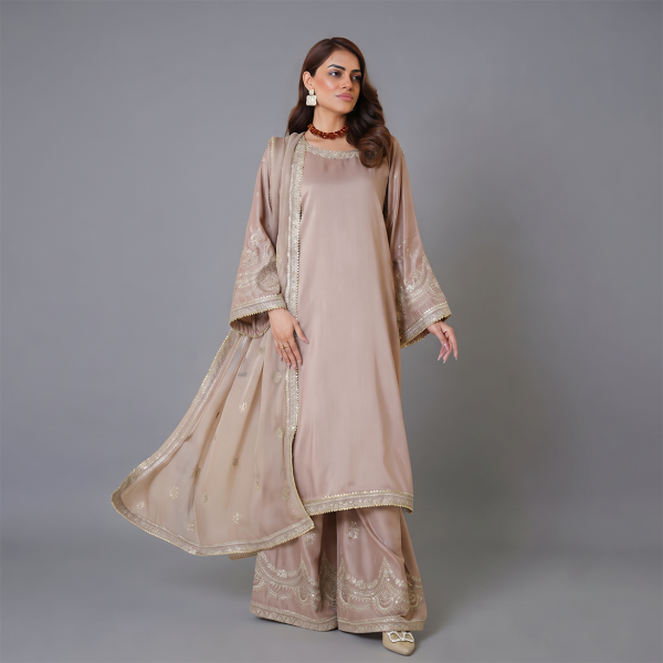 Elegant Metallic Embroidered Three-Piece Ensemble