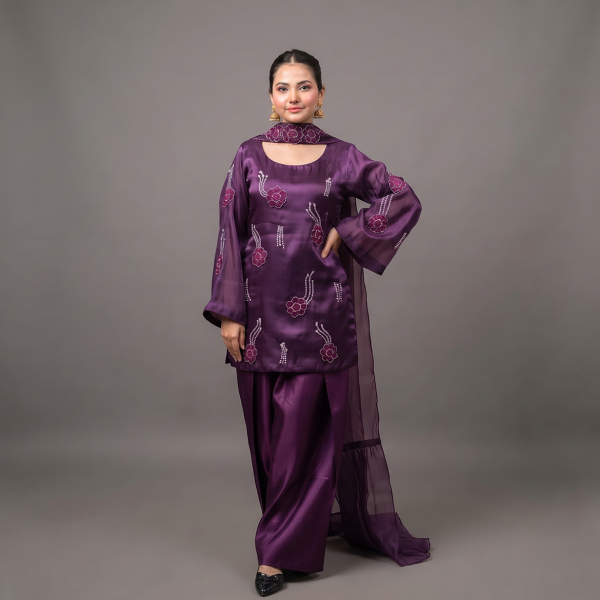 Royal Amethyst Floral Embroidered Silk Suit