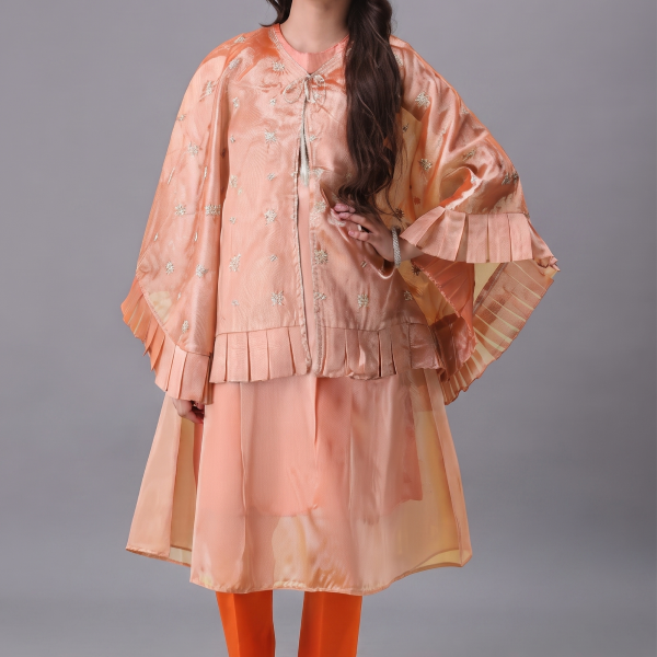 Peach Embroidered Cape-Style Three-Piece Set