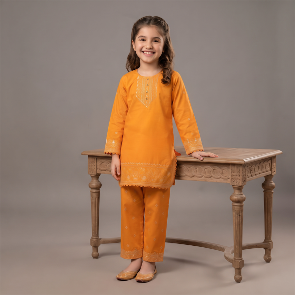 Mustard Orange Embroidered Girls’ 2-Piece Suit