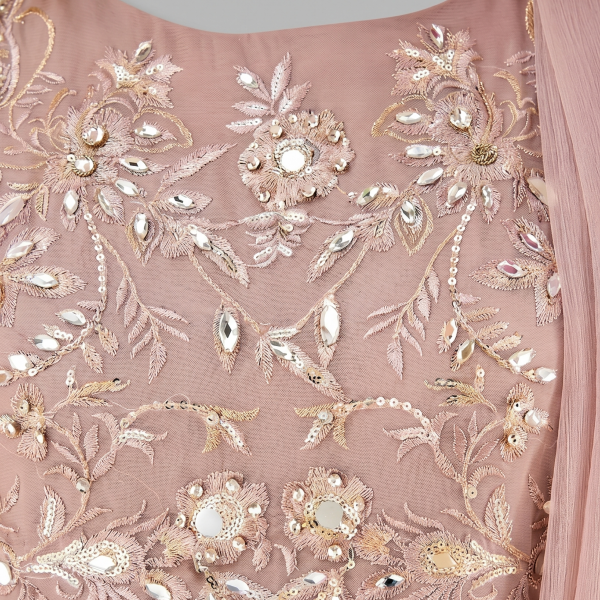 Manahil Embroidered Rose Gold 3-Piece Festive Organza Sharara Set