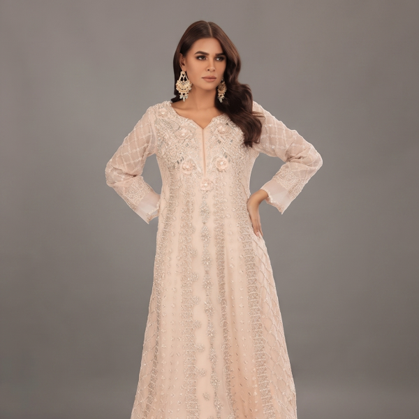 Luxury Peach Embroidered Chiffon Suit