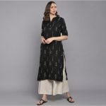 Elegant Black Floral Print Kurta with Contrasting Off-White Palazzo Pants