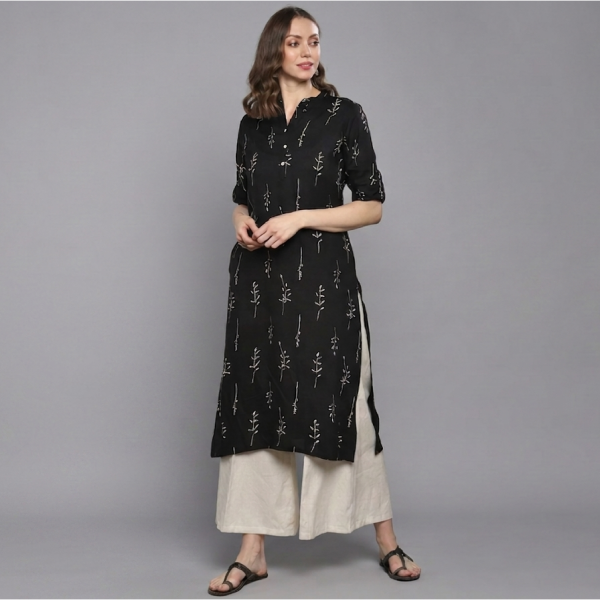 Elegant Black Floral Print Kurta with Contrasting Off-White Palazzo Pants