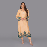 Peach Nectar Silk Tunic with Teal Botanical Embroidery
