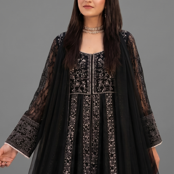Black Minimalist Embroidered Net Co-ord Set