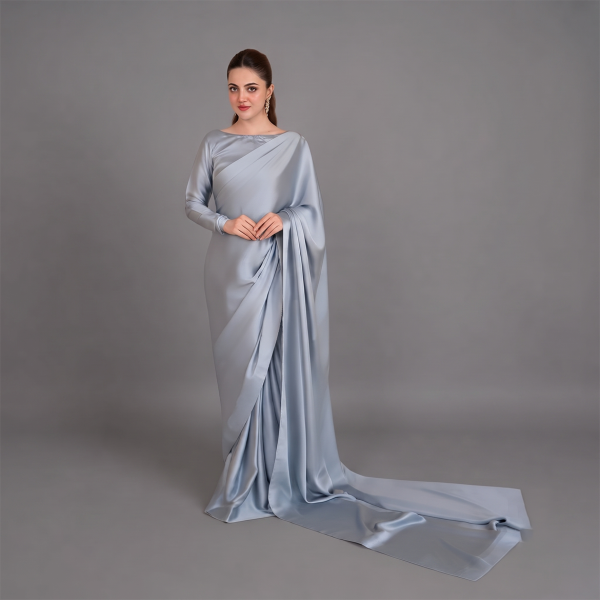 Ethereal Grey Satin Silk Saree