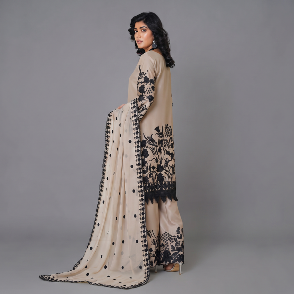 Beige and Black Embroidered Three-Piece Ensemble
