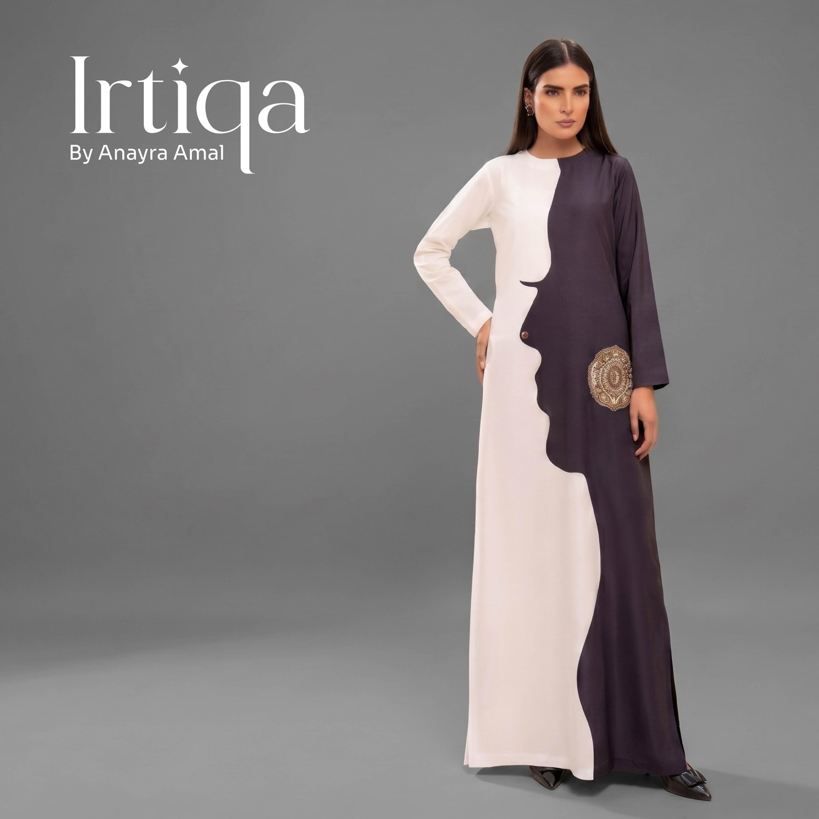 Monochrome Illusion Color-Blocked Abaya Gown with Zari Emblem