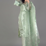 Mint Green Minimalist Silk Co-ord Set with Floral Threadwork