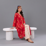 Vibrant Crimson Red Frock-Style Kurta with Gold Floral Motifs