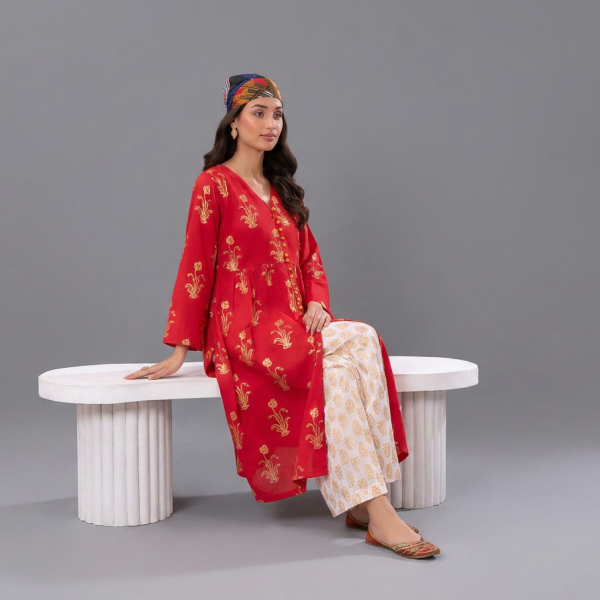 Vibrant Crimson Red Frock-Style Kurta with Gold Floral Motifs