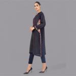 Midnight Black Scalloped Kurta Set with Fuchsia Pink Accents
