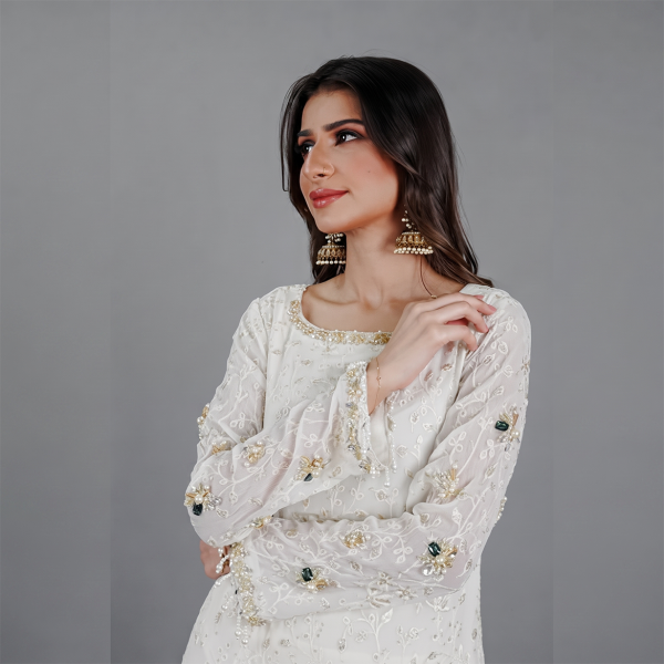 Ivory Embroidered Chiffon Kurti with Matching Trousers