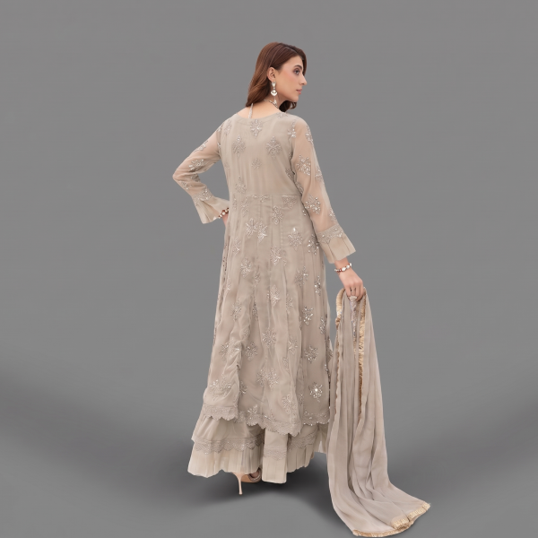 Manahil Embroidered Desert Taupe  3-Piece Festive Organza Sharara Set