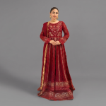 Manahil Embroidered Maroon 3-Piece Festive Organza Sharara Set
