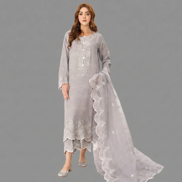 Celestial Dove Grey Organza Ensemble with Silver Chikankari Embroidery