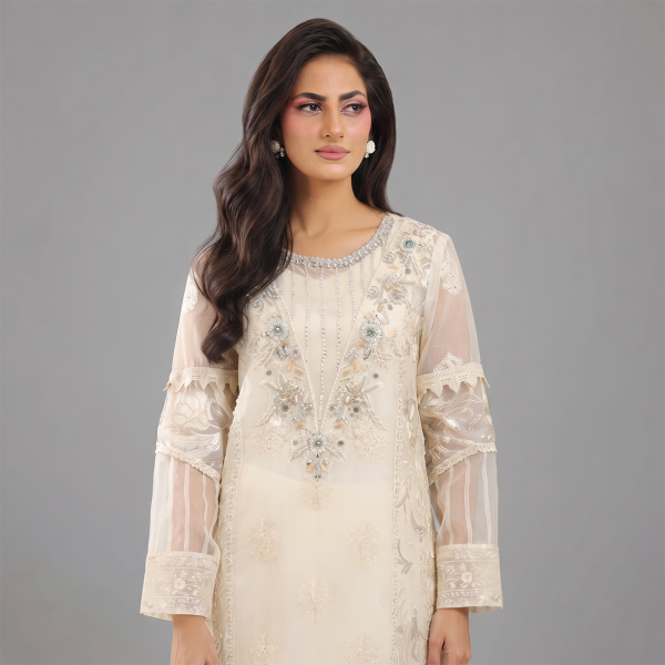 Ivory3-Piece Suit with Embroidered Organza