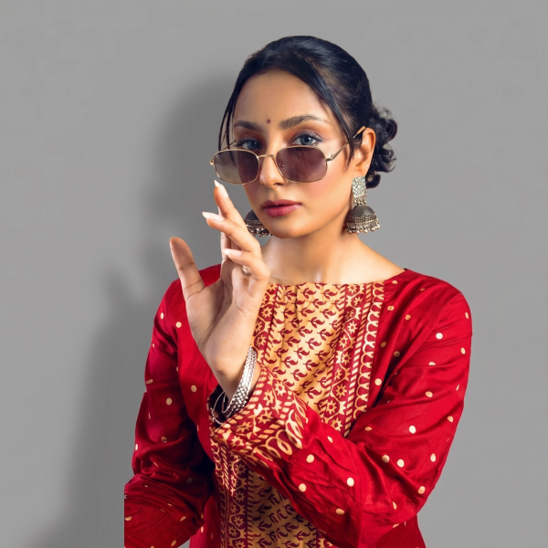 Regal Maroon-Red Foil Printed Kurta with Flared Sharara Pants Set