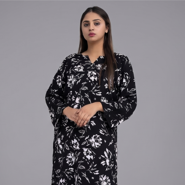 Black & White Botanical Print Long Kurta with Matching Trousers