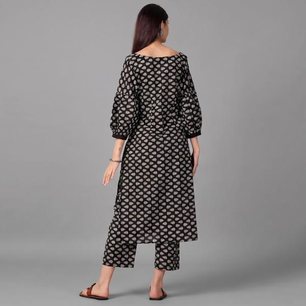 Women’s Black and White All-Over Printed Kurta Set with Straight Pants