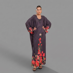 Charcoal Popp Floral Border Draped Kaftan Maxi