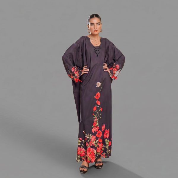 Charcoal Popp Floral Border Draped Kaftan Maxi