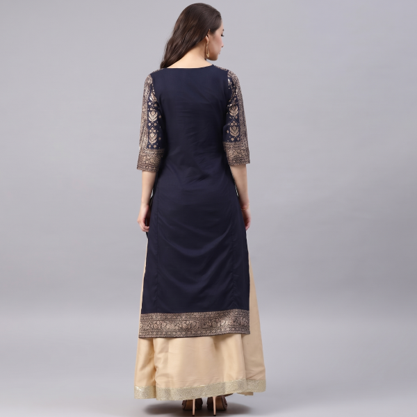 Women’s Navy Blue Printed Kurti with Beige Flared Lehenga