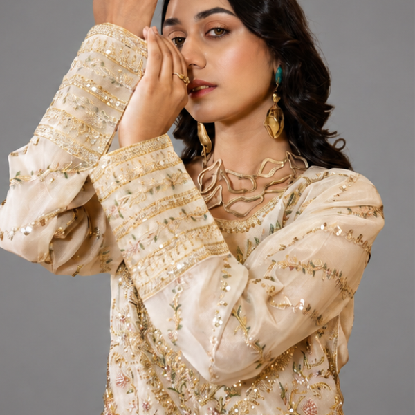 Gold Minimalist Embellished Organza Anarkali Set