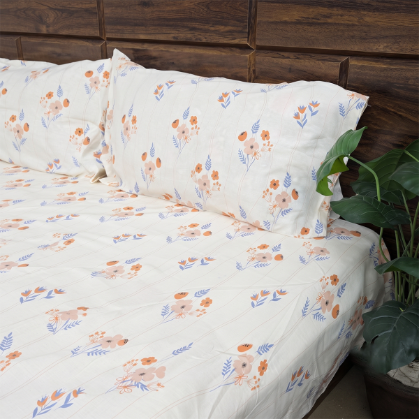 Peach Blossom Floral Cotton Double Bedsheet With Pillow Set