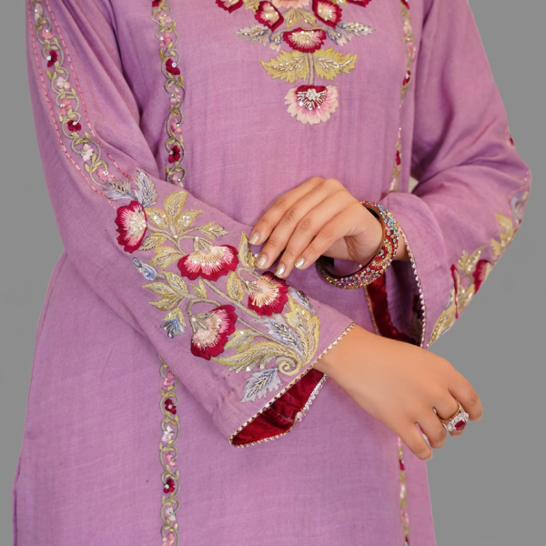 Embroidered Silk Suit with Contrast Organza Dupatta