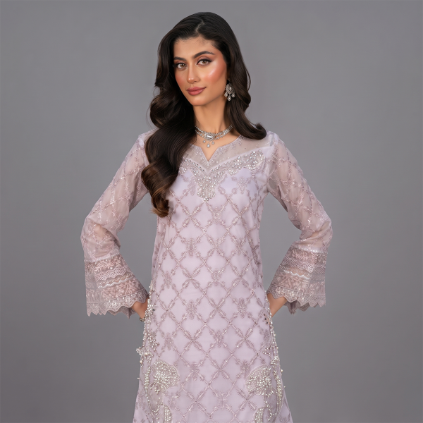 Lilac Embellished Net Kurta Suit with Dupatta