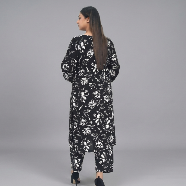 Black & White Botanical Print Long Kurta with Matching Trousers