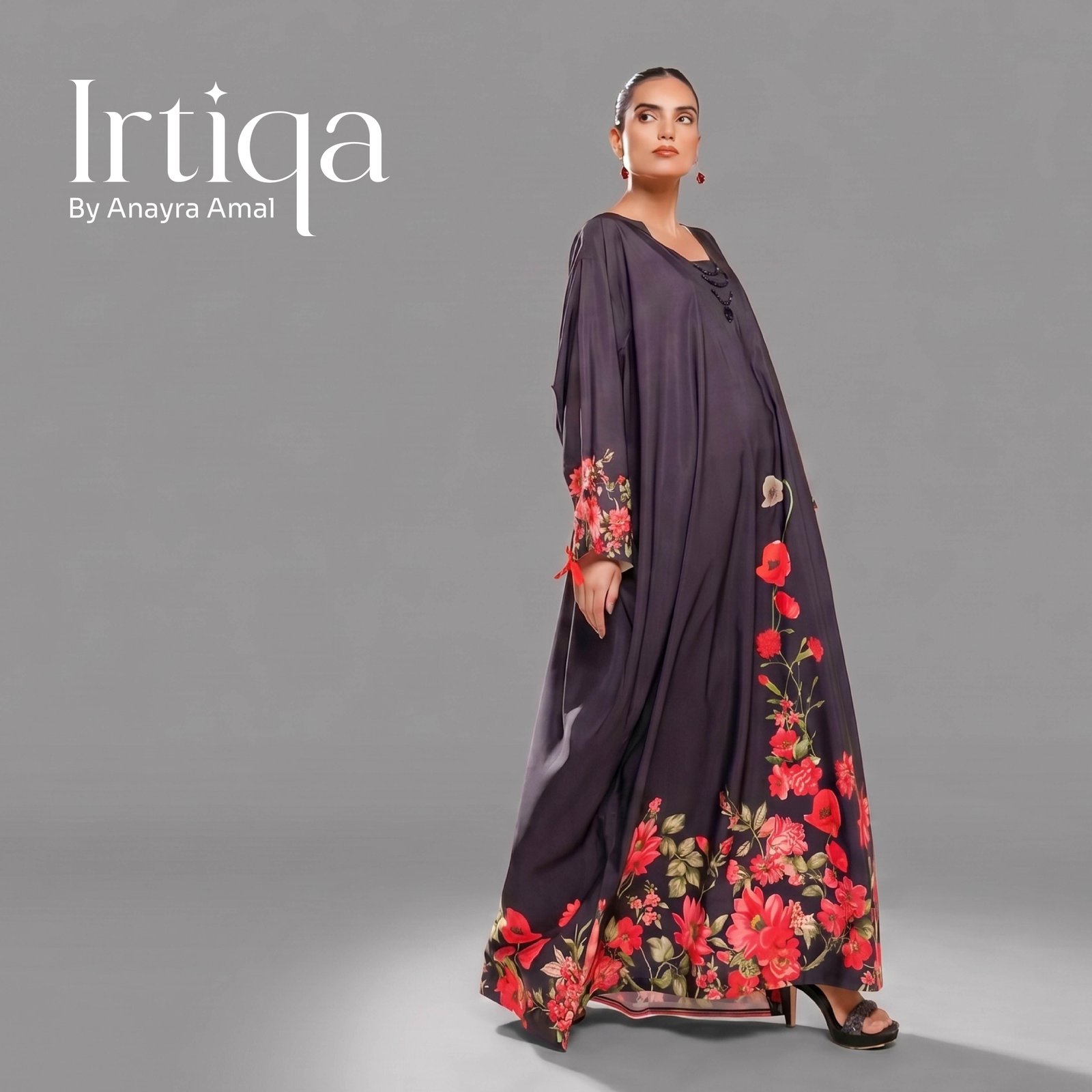 Charcoal Popp Floral Border Draped Kaftan Maxi