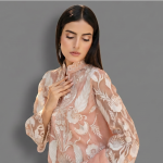 Embroidered Peach Organza Festive Suit