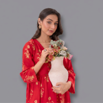 Vibrant Crimson Red Frock-Style Kurta with Gold Floral Motifs