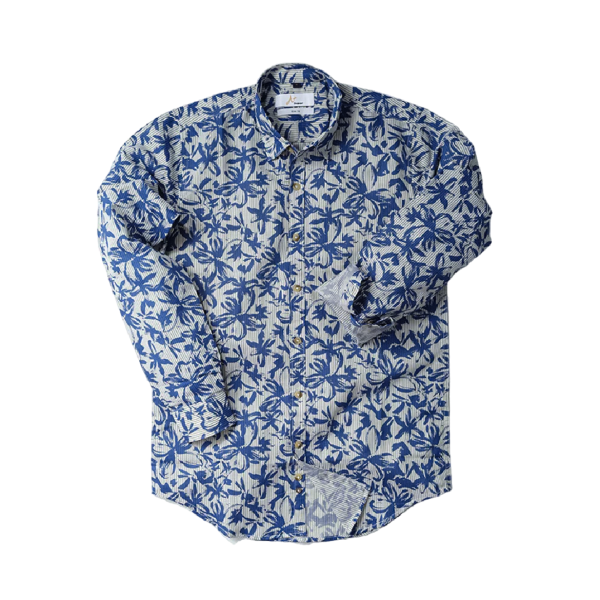 Blue Leaf Printed Stripes Casual Shirt